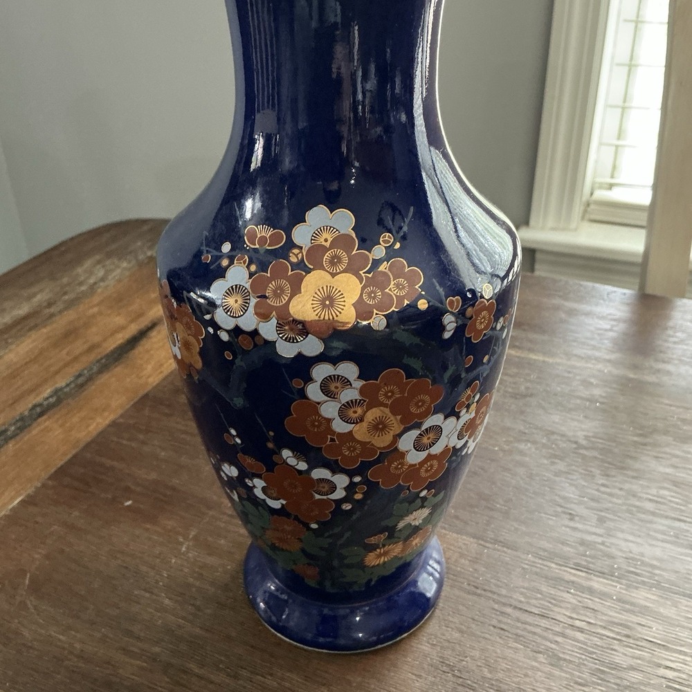 VTG Japanese Cobalt Blue Floral Vase with Gold Trim – 10" Hand-Painted Porcelain - Picture 7 of 11